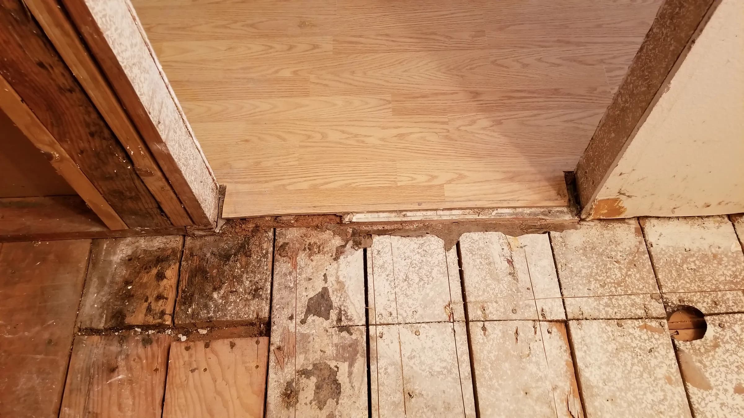 Water staining on the subfloor at the tub alcove.