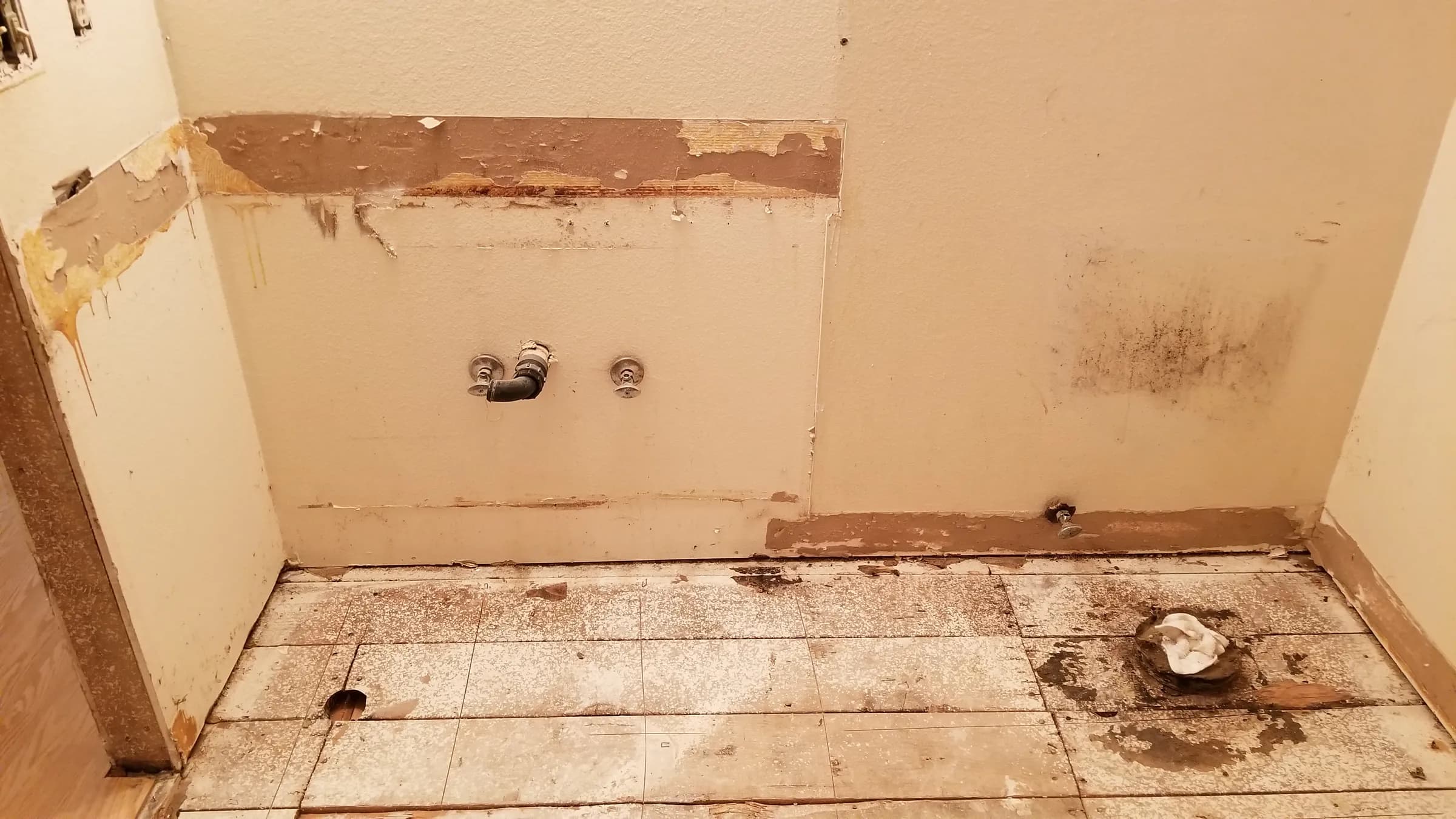 Vanity wall after demo: old vanity and toilet out.