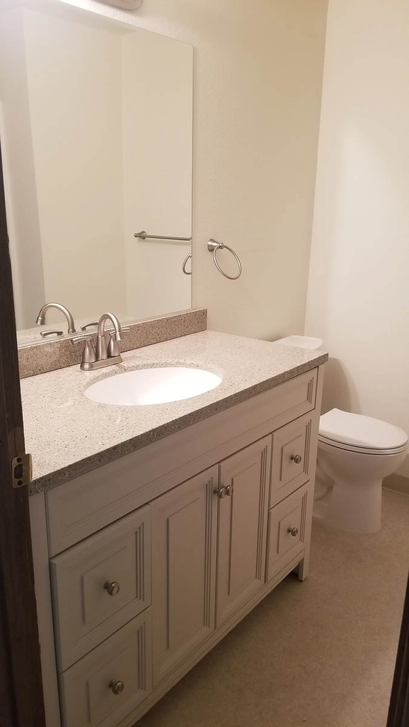 New vanity, top, faucet, mirror and toilet.