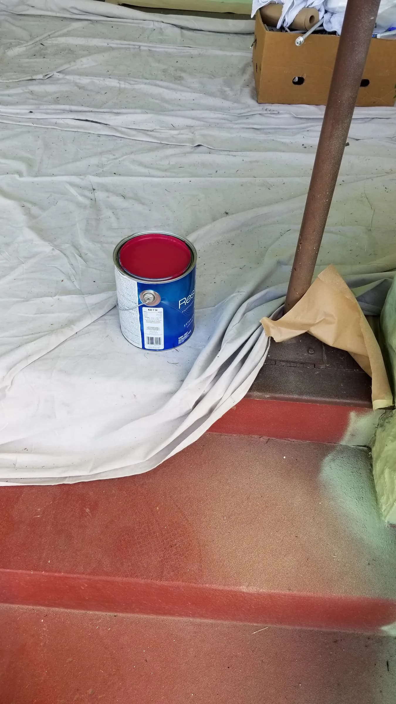 Paint: Porch steps mid-paint, drop cloth down