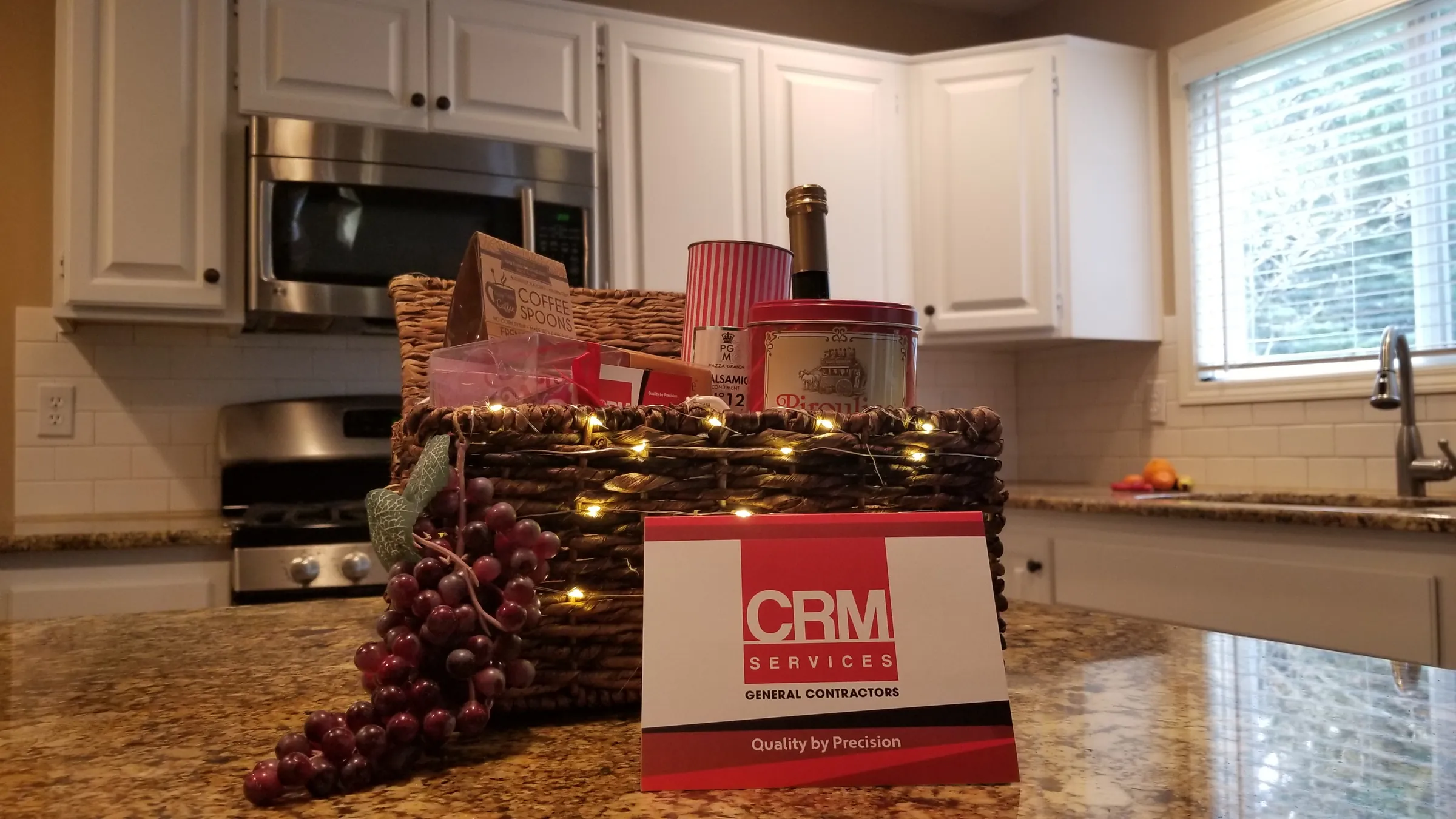 Done: Finished kitchen with the gift basket on the island