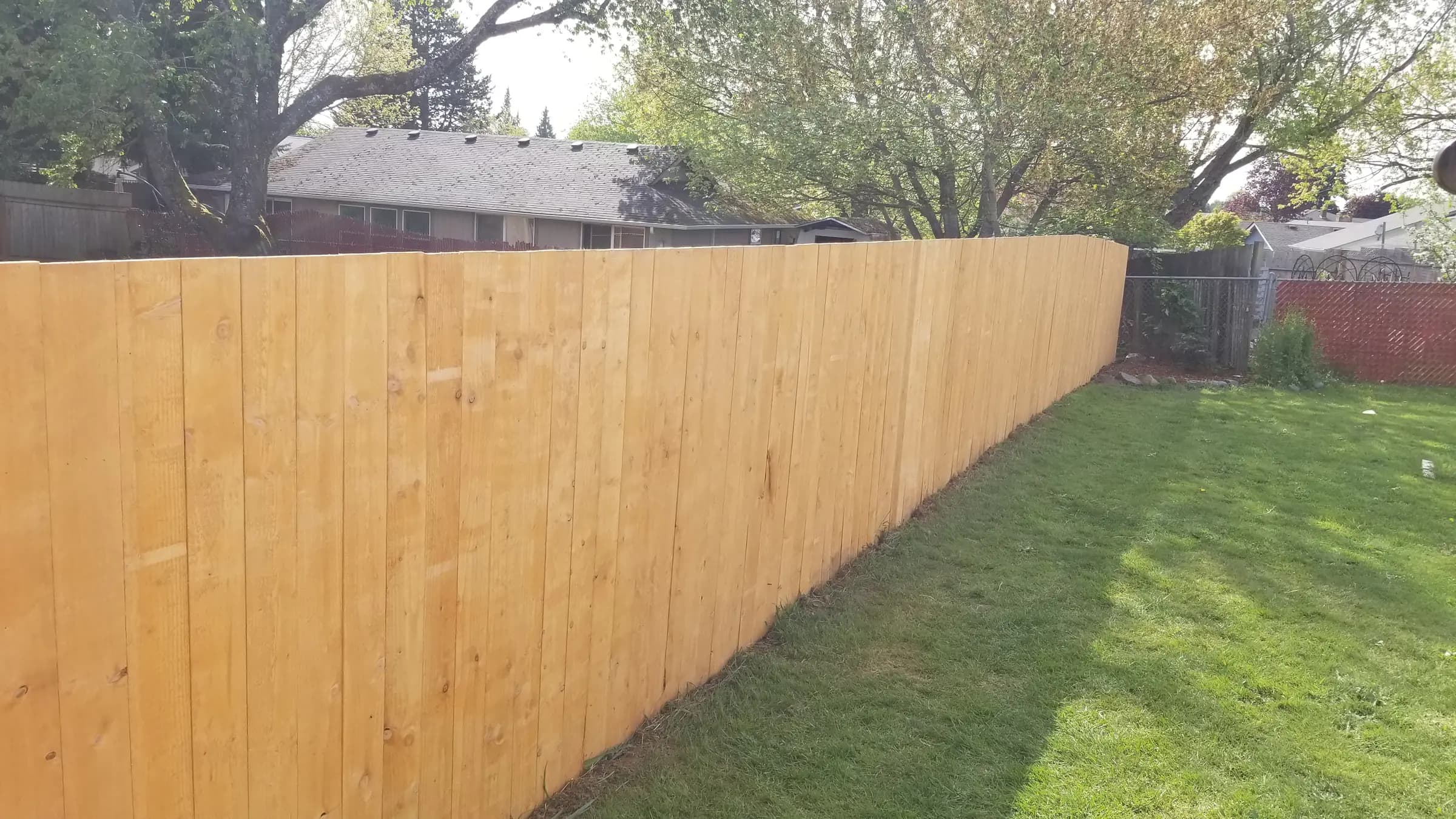 NW 29th Ave fence rebuild: a long run of new cedar fence along the lawn