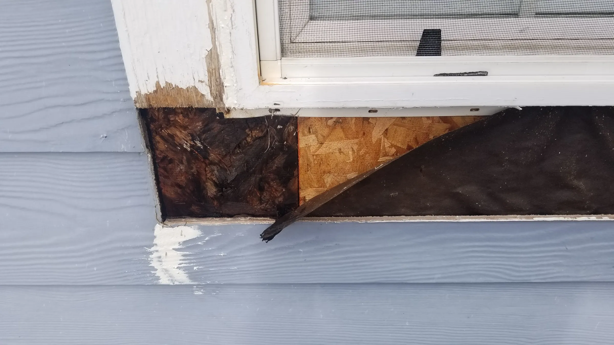 Repair: Trim off — rotted sheathing and failed paper exposed